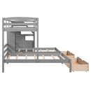 Twin Over Twin & Twin Bunk Bed With Drawers, Staircase Storage, Built In Shelves - Gray