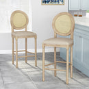 Country Chic Bar Stools (Set of 2) With Rattan Backrest And Upholstered Seat - Beige / Natural