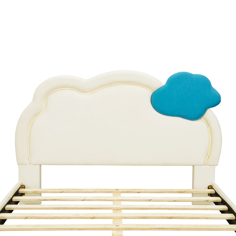 Full Size Upholstered Platform Bed with Cloud-Shaped Headboard and Embedded Light Stripe, Velvet, Beige
