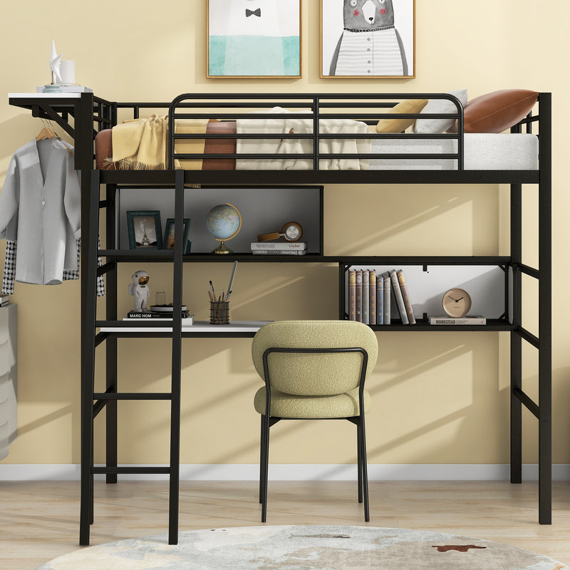 Twin Size Metal Loft Bed with 2 Shelves, a desk and a Hanging Clothes Rack, Black and White