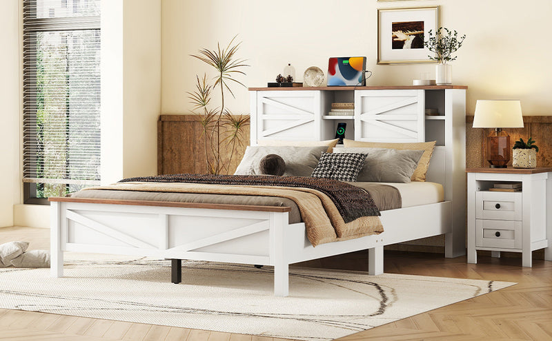 Farmhouse Platform Bed with Double Sliding Barn Door, Queen Size Rustic Wood Bed with
Charging Station, Wood Slats Support, White+Brown