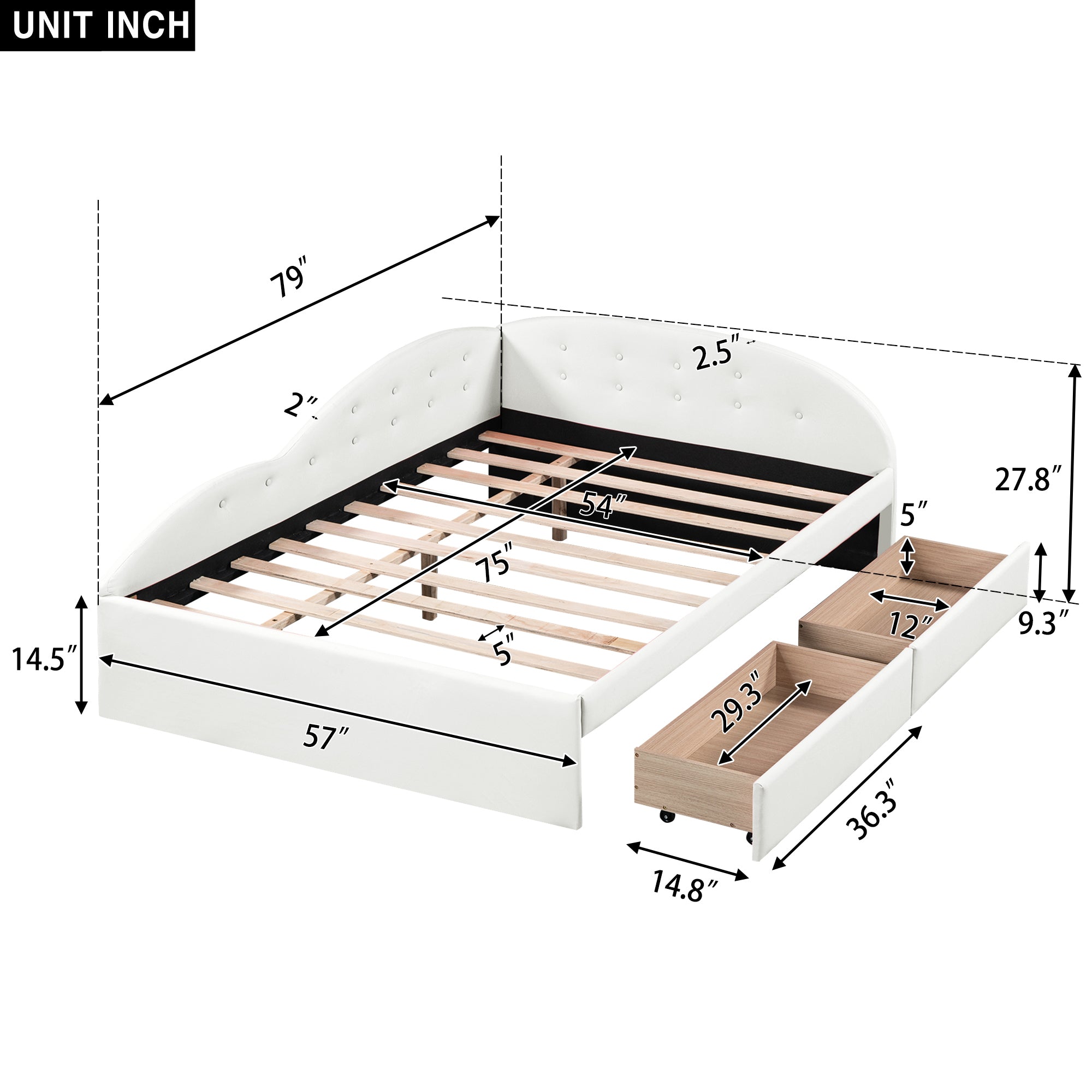 Full Size PU Upholstered Tufted Daybed with Two Drawers and Cloud Shaped Guardrail, White - Atlantic Fine Furniture Melbourne FL