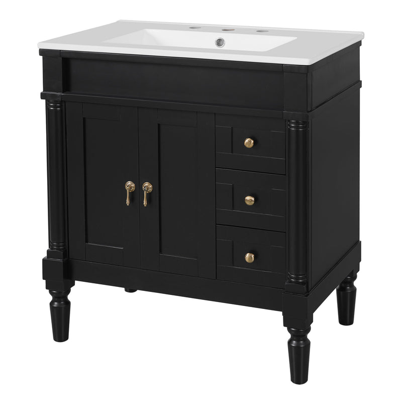 Bathroom Vanity With Ceramic Sink, 2 Doors 3 Drawers, Soft Close Design