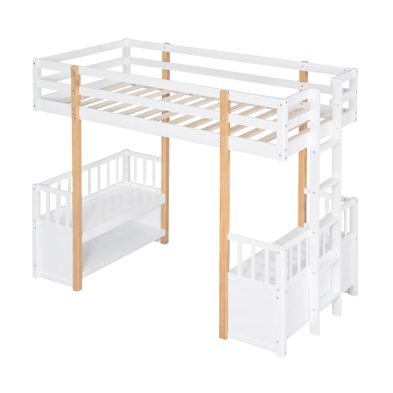 Wood Twin Size Loft Bed with 2 Seats and a Ladder, White