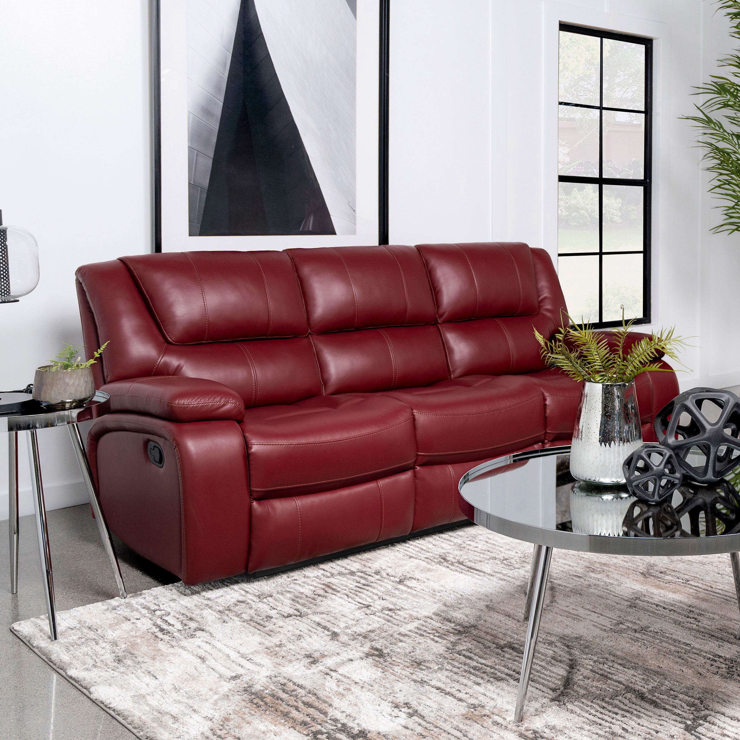 Camila Upholstered Motion Reclining Sofa Red — view 2