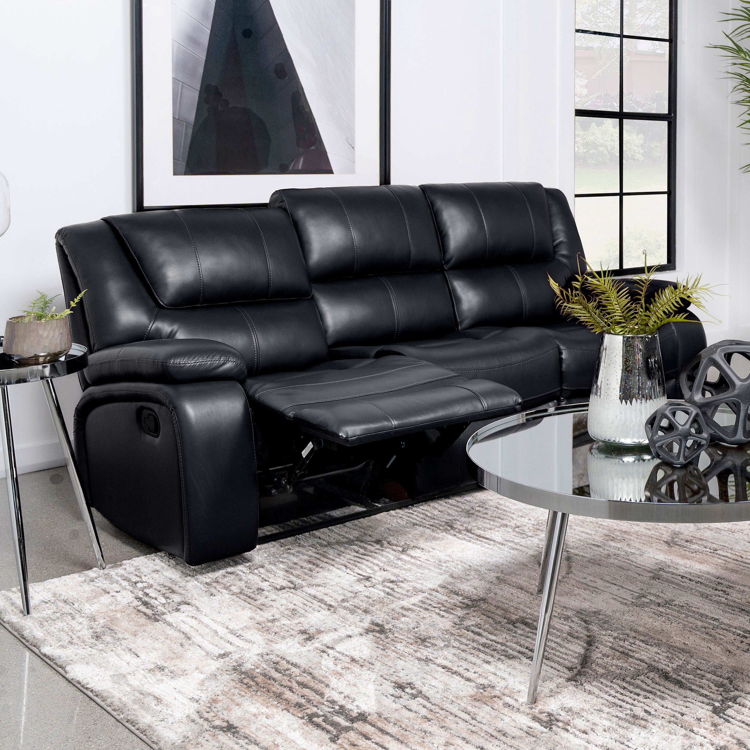 Camila Upholstered Motion Reclining Sofa Black — view 3