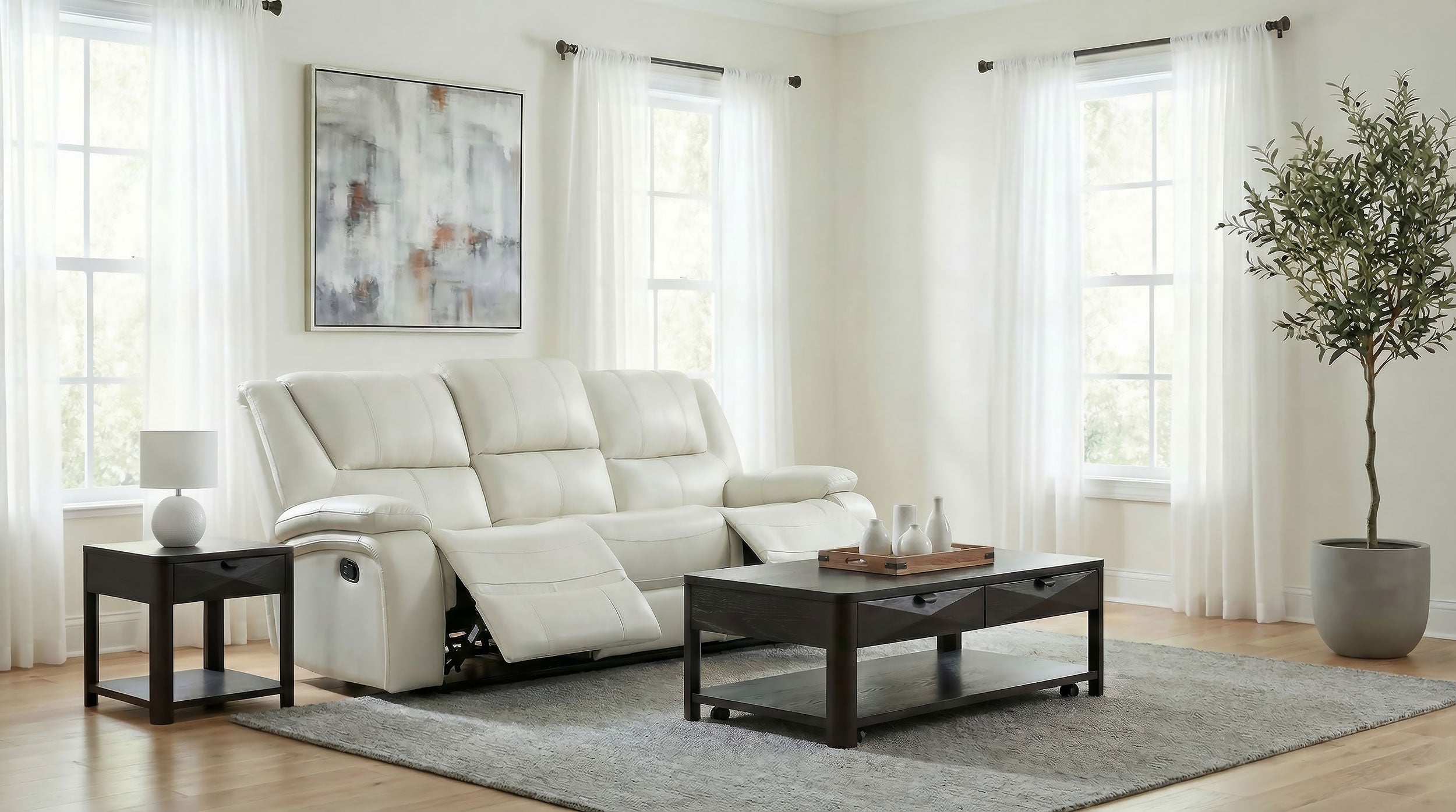 Camila Upholstered Motion Reclining Sofa White — view 3