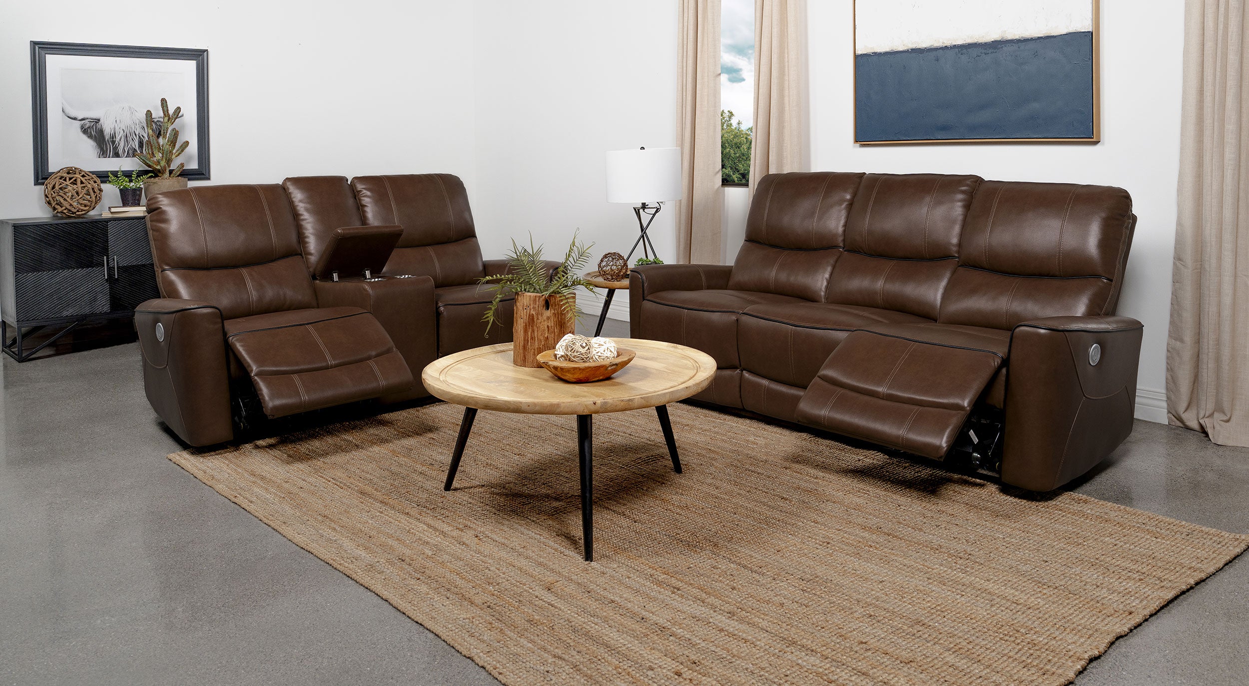 Greenfield 2-piece Power Reclining Sofa Set Saddle Brown — view 1