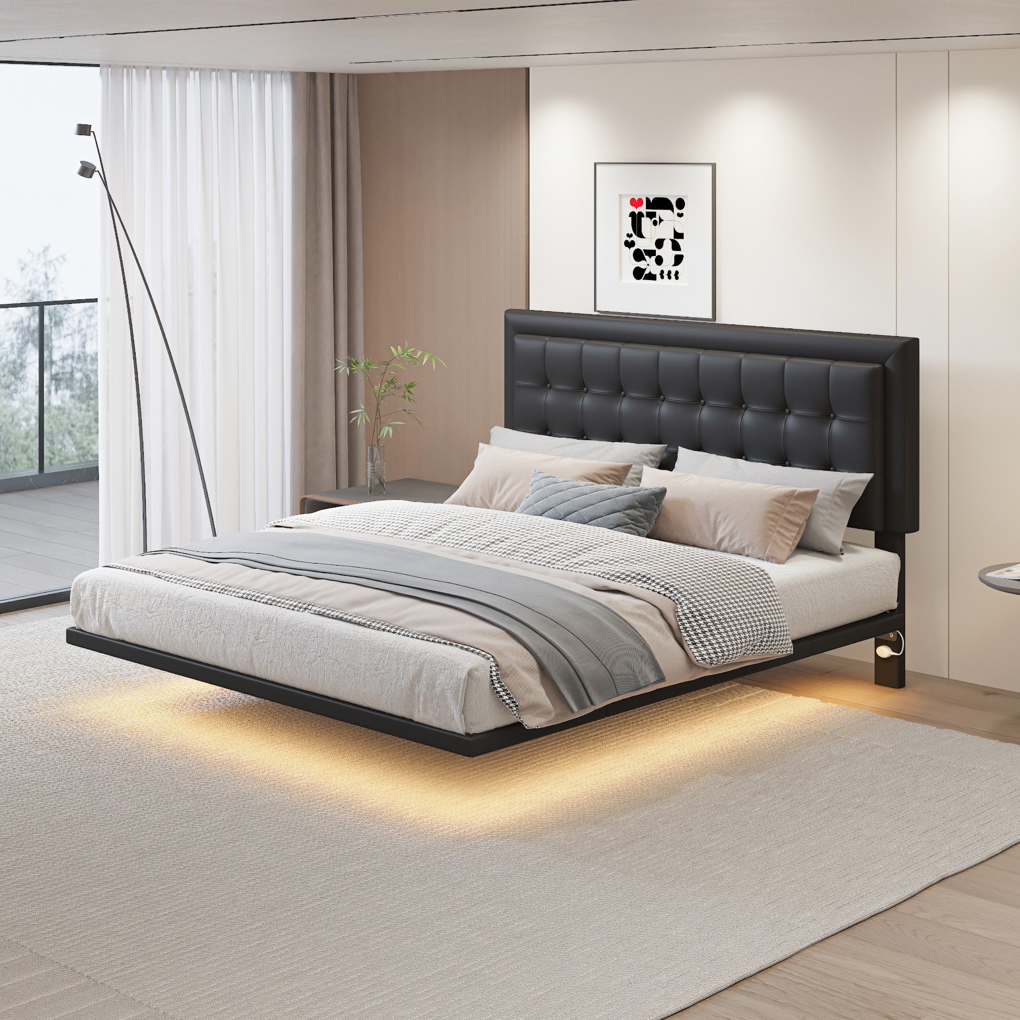 Queen Size Floating Bed Frame with Motion Activated Night Lights,Modern PU Upholstered Button Tufted Platform Bed Frame,Black - Atlantic Fine Furniture Melbourne FL