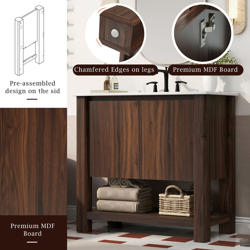 36" Modern Bathroom Vanity With Rectangle Ceramic Sink, Bathroom Cabinet And 45 Degrees Free Handle Design Soft Closing Doors, 1 Open Shelf At The Bottom - Dark Brown