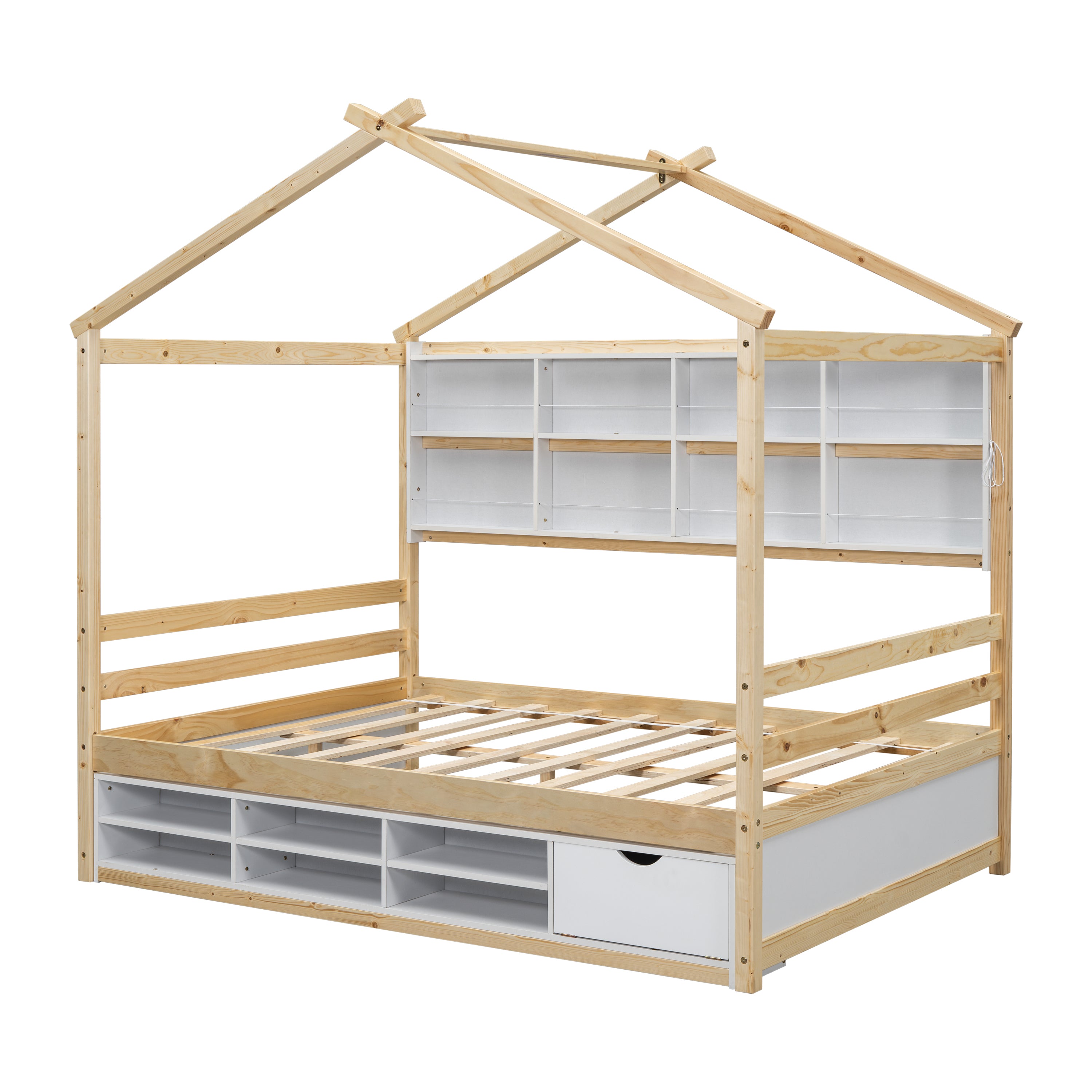 Full House Bed with Roof Frame, Bedside-shelves, Under Bed Storage Unit,Natural - Atlantic Fine Furniture Melbourne FL