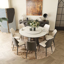 Modern Sintered Stone Dining Table With Round Turntable, Metal Pedestal, And Chairs