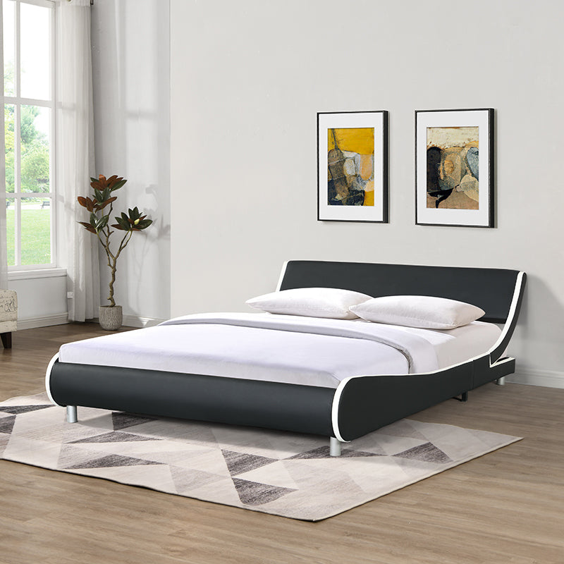 Faux Leather Upholstered Platform Bed Frame, Curve Design, Wood Slat Support, No Box Spring Needed, Easy Assemble, Queen Size, Black and White - Atlantic Fine Furniture Melbourne FL