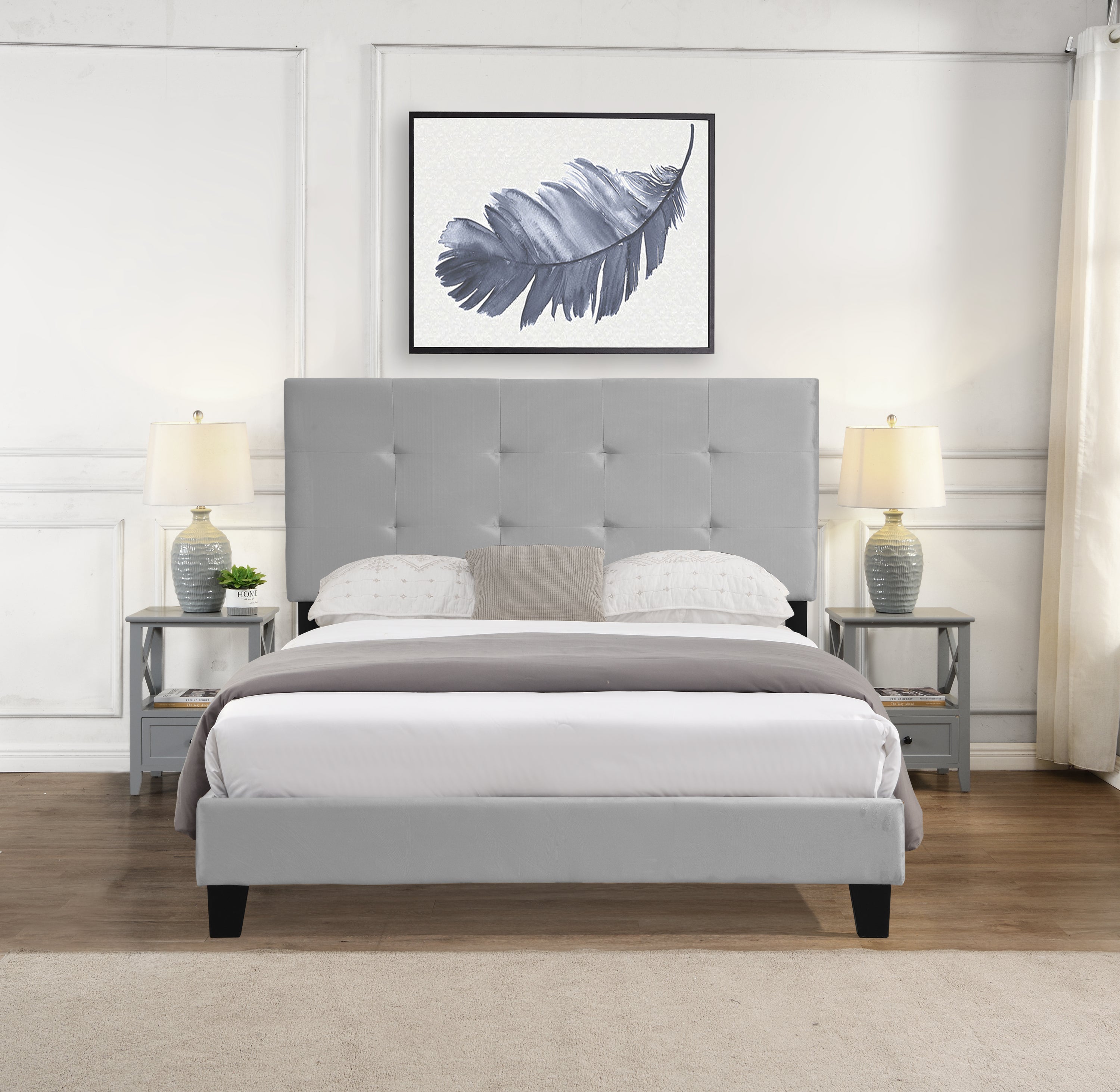 Queen Size Upholstered  Platform Bed Frame with  pull point Tufted Headboard, Strong Wood Slat Support, Mattress Foundation, No Box Spring Needed, Easy Assembly, Gray - Atlantic Fine Furniture Melbourne FL