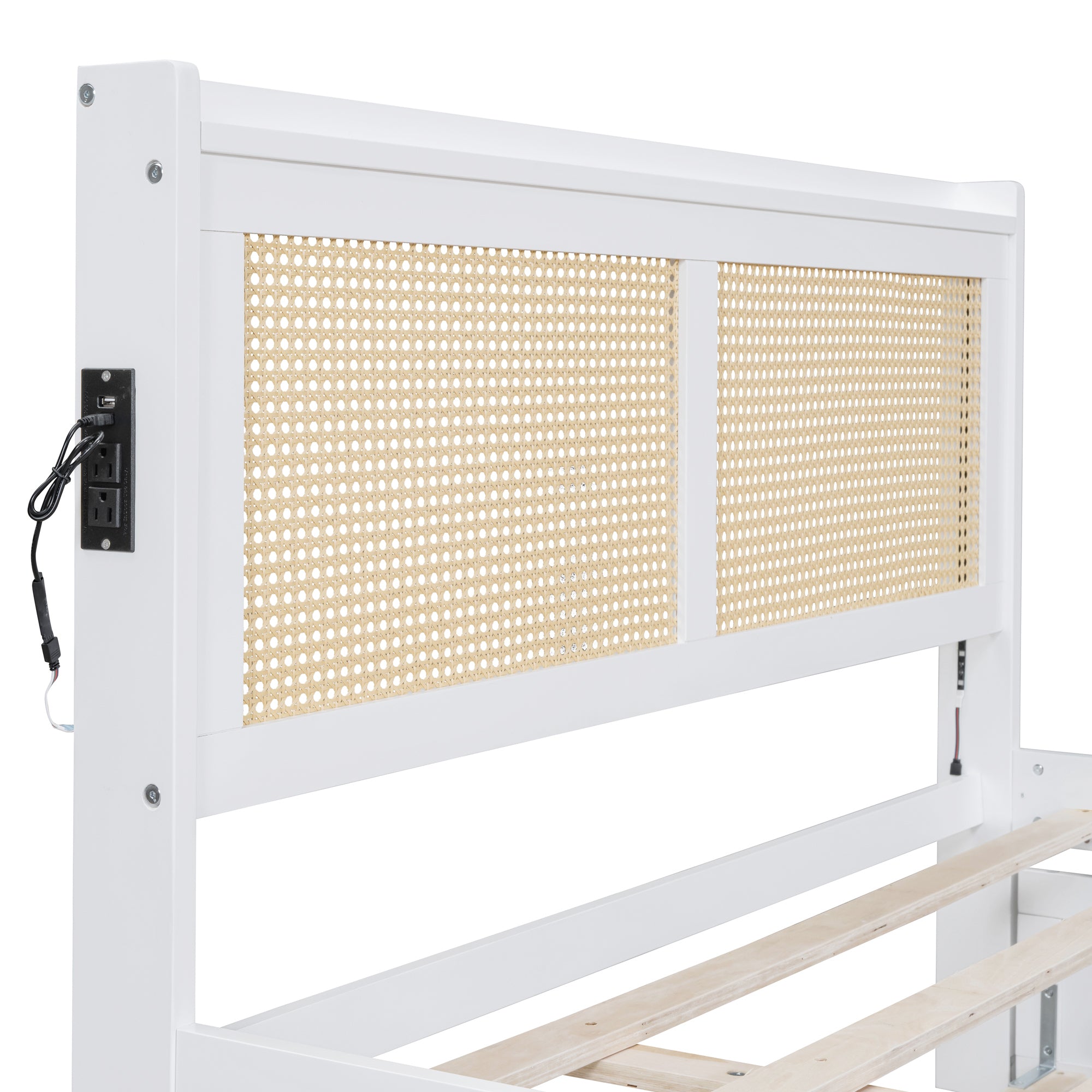 Full Size Elegant Bed Frame with Rattan Headboard and Sockets ,White - Atlantic Fine Furniture Melbourne FL