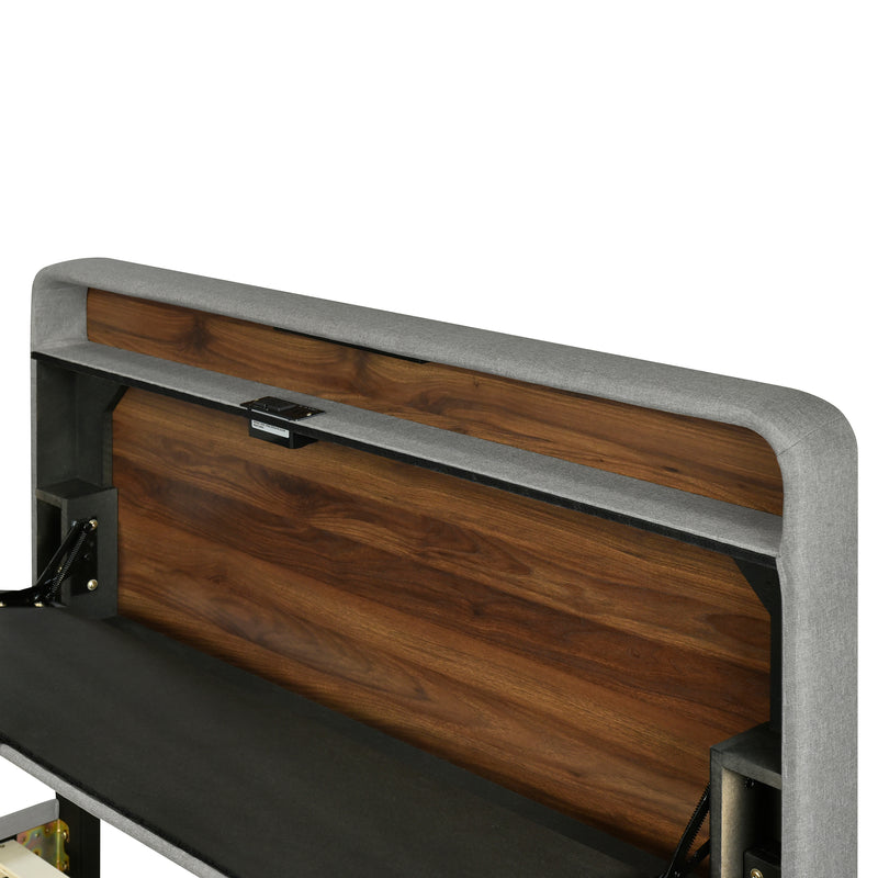 Full size Upholstered Platform Bed with Storage Headboard, Sensor Light and a set of Sockets and USB Ports, Linen Fabric, Gray