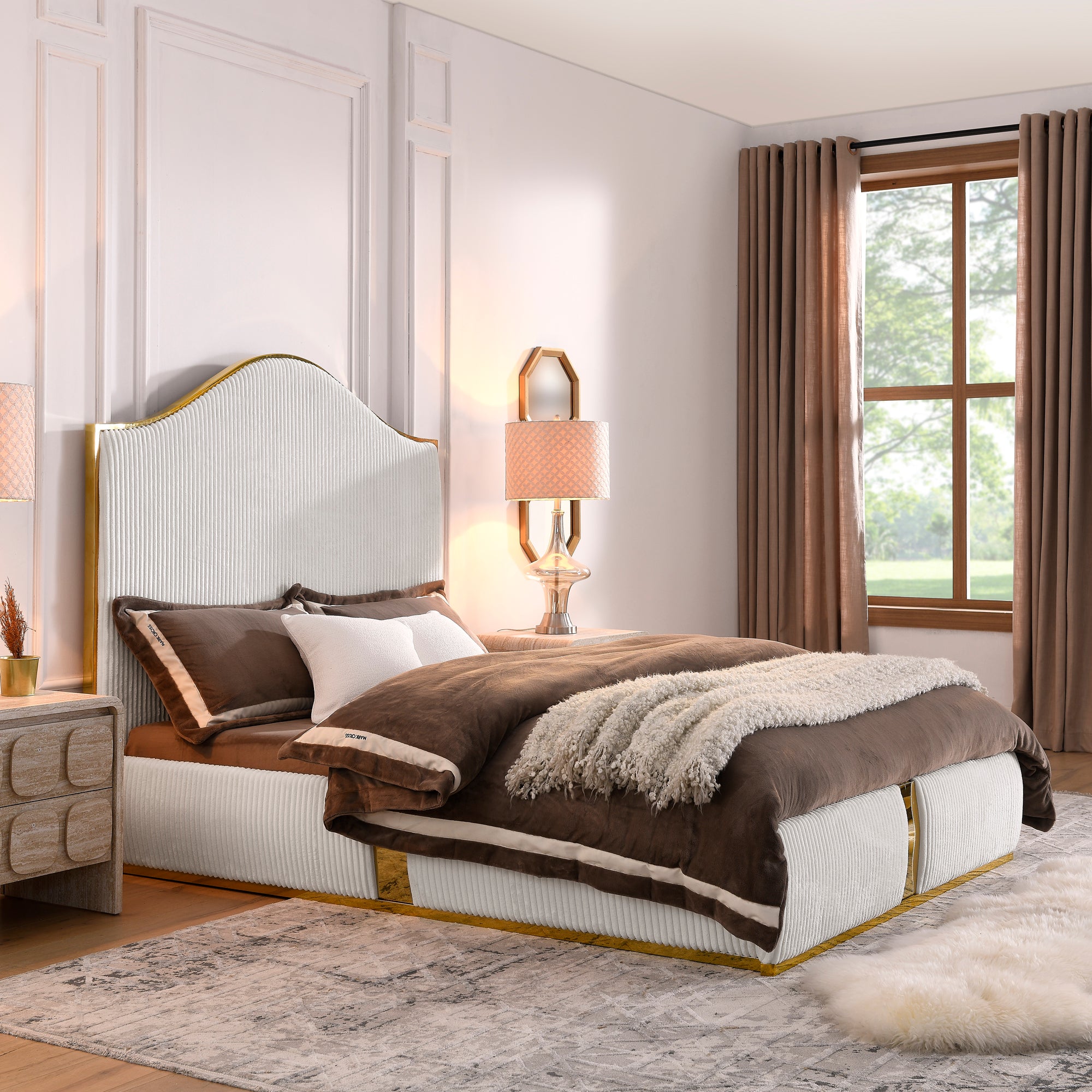 Corduroy Upholstered Bed Frame Queen Size 59.5" Tall  Headboard Queen Bed Frame Metal Decoration /No Box Spring Needed - Atlantic Fine Furniture Melbourne FL