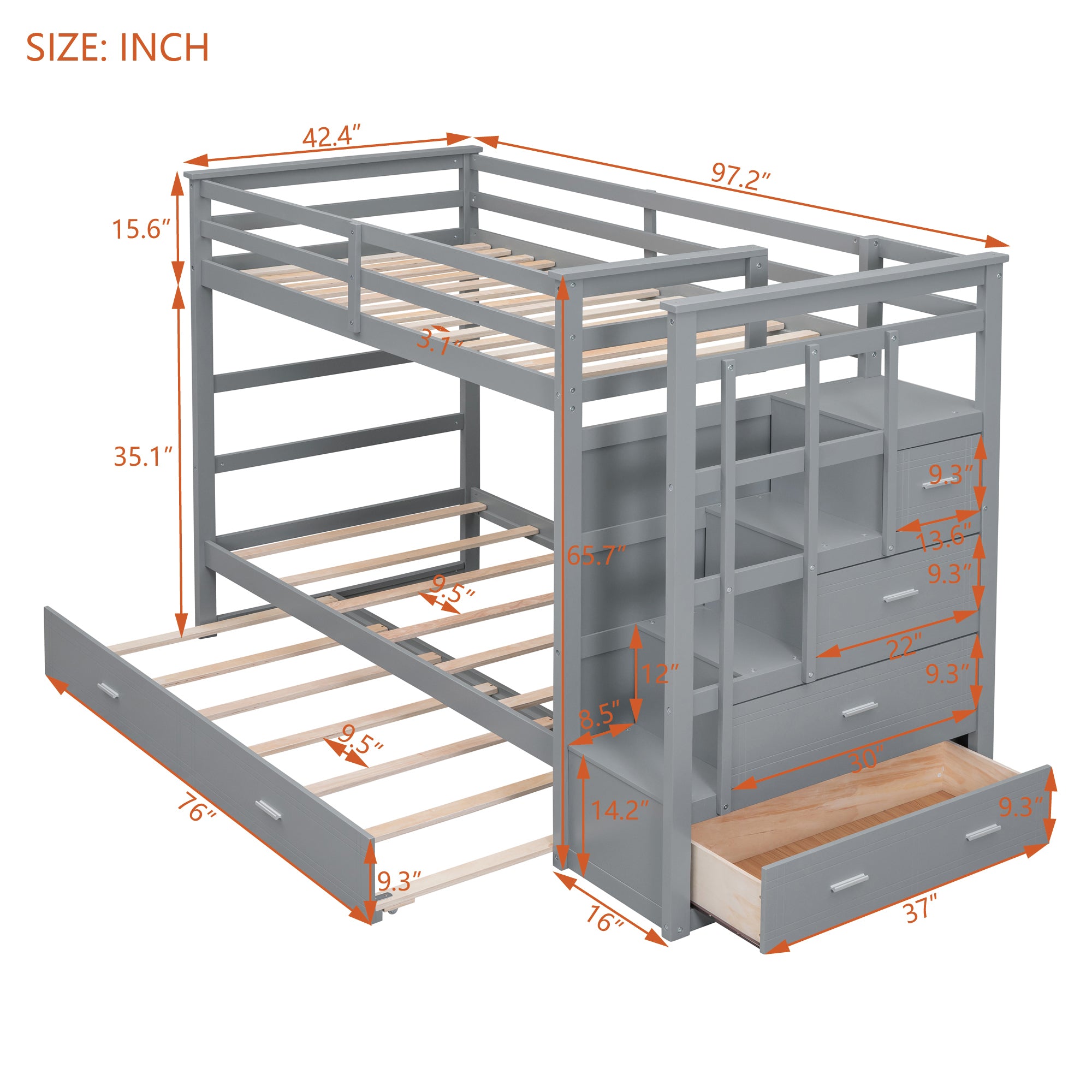 Twin Over Twin Bunk Bed with Trundle and Staircase,Gray(OLD SKU:LT000068AAE) - Atlantic Fine Furniture Melbourne FL