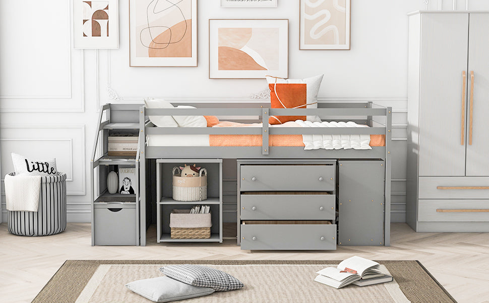 Twin Size Loft Bed with Retractable Writing Desk and 3 Drawers, Wooden Loft Bed with Storage Stairs and Shelves, Gray - Atlantic Fine Furniture Melbourne FL