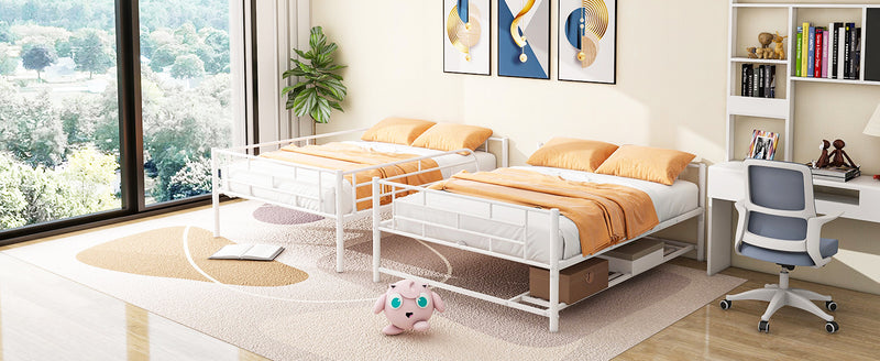 Full Over Full Metal Bunk Bed with Shelf and Guardrails, White