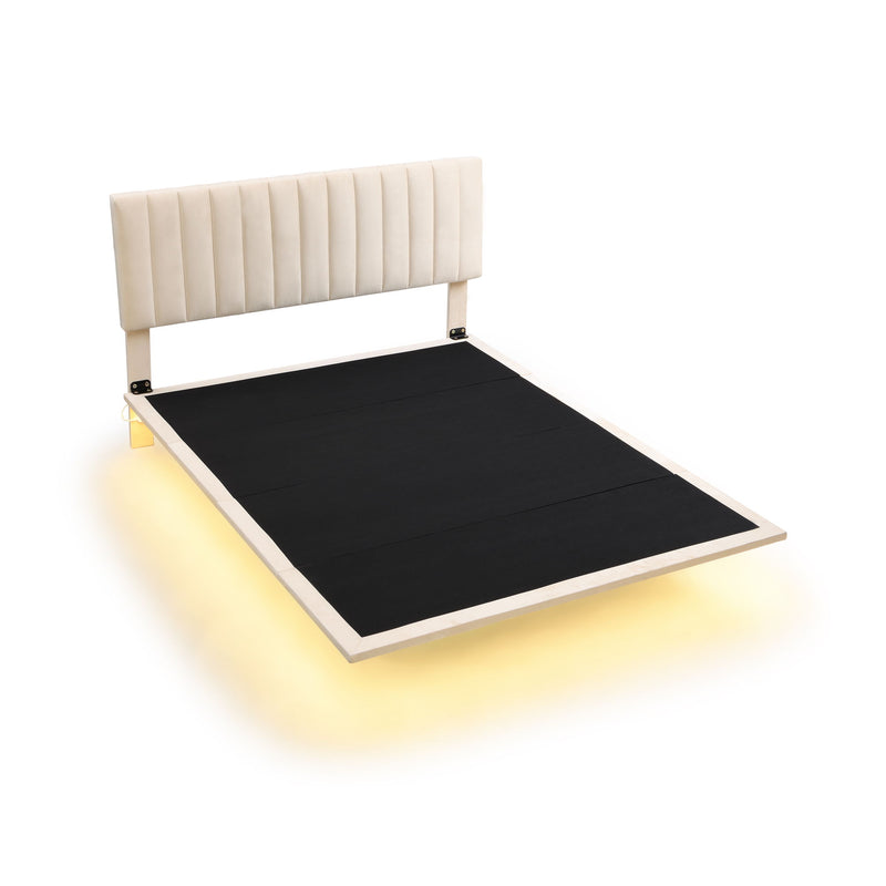 Upholstered Bed With Sensor Light And Headboard, Floating Velvet Platform Bed