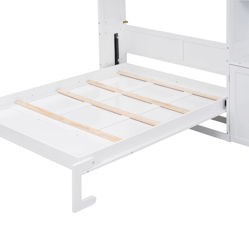 Full Size Murphy Bed With Multiple Storage Shelves And A Cabinet - White