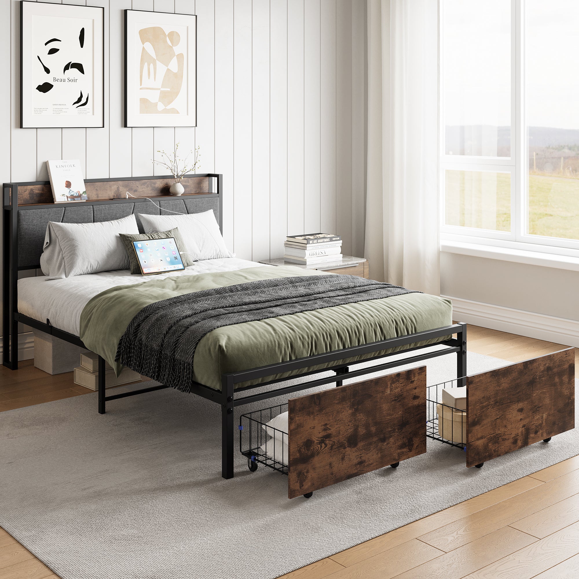 Full Size Bed Frame, Storage Headboard with Charging Station and 2 Storage Drawers,Vintage Brown and Gray - Atlantic Fine Furniture Melbourne FL