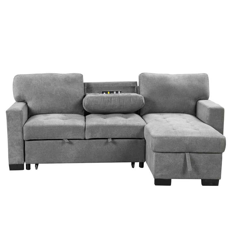 Stylish And Functional Light Chaise Lounge Sectional With Storage Rack Pull-Out Bed Drop Down Table And USB Charger