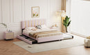Upholstered Platform Bed With 2 Drawers And 1 Trundle, Classic Strip Headboard Design