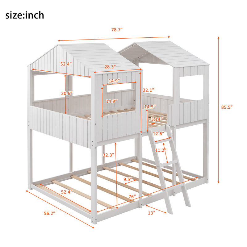 Full Over Full WoodBunk Bed with Roof, Window, Guardrail, Ladder(White)( old sku: LT000031AAK )