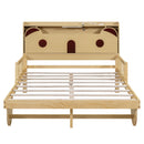 Full Size Car Bed with Bear-Shaped Headboard, USB and LED, Natural