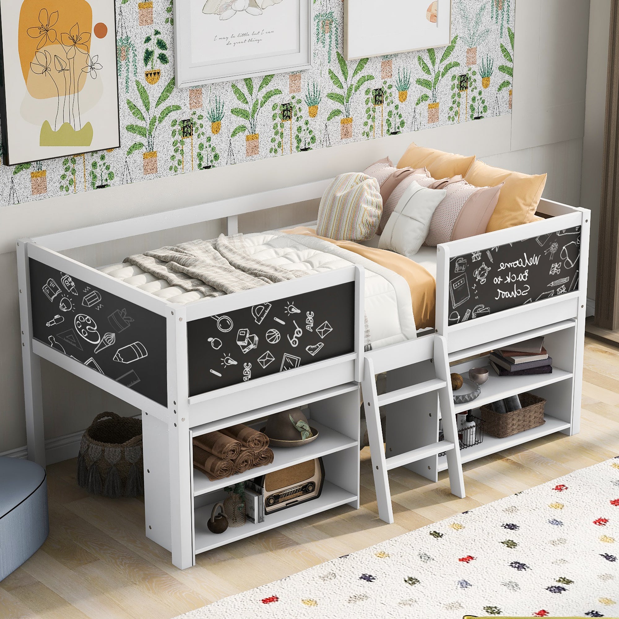 Twin Size Low Loft Bed with Two Movable Shelves and Ladder,with Decorative Guardrail Chalkboard,White(Old SKU: WF283286AAK) - Atlantic Fine Furniture Melbourne FL
