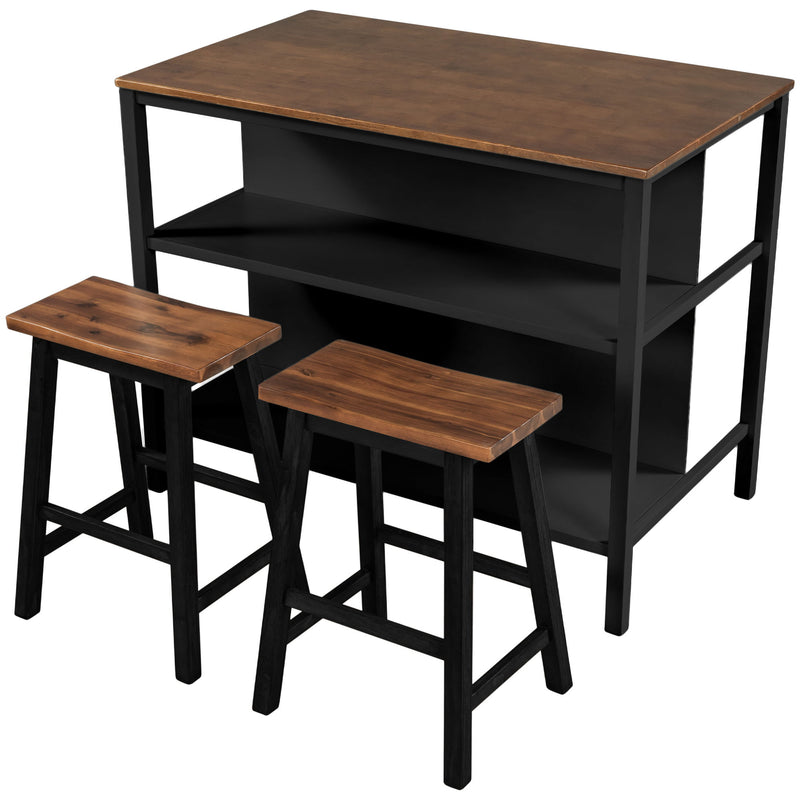 Rustic 3 Piece Stationary Kitchen Island Set With 2 Seatings, With 2 Open Shelves