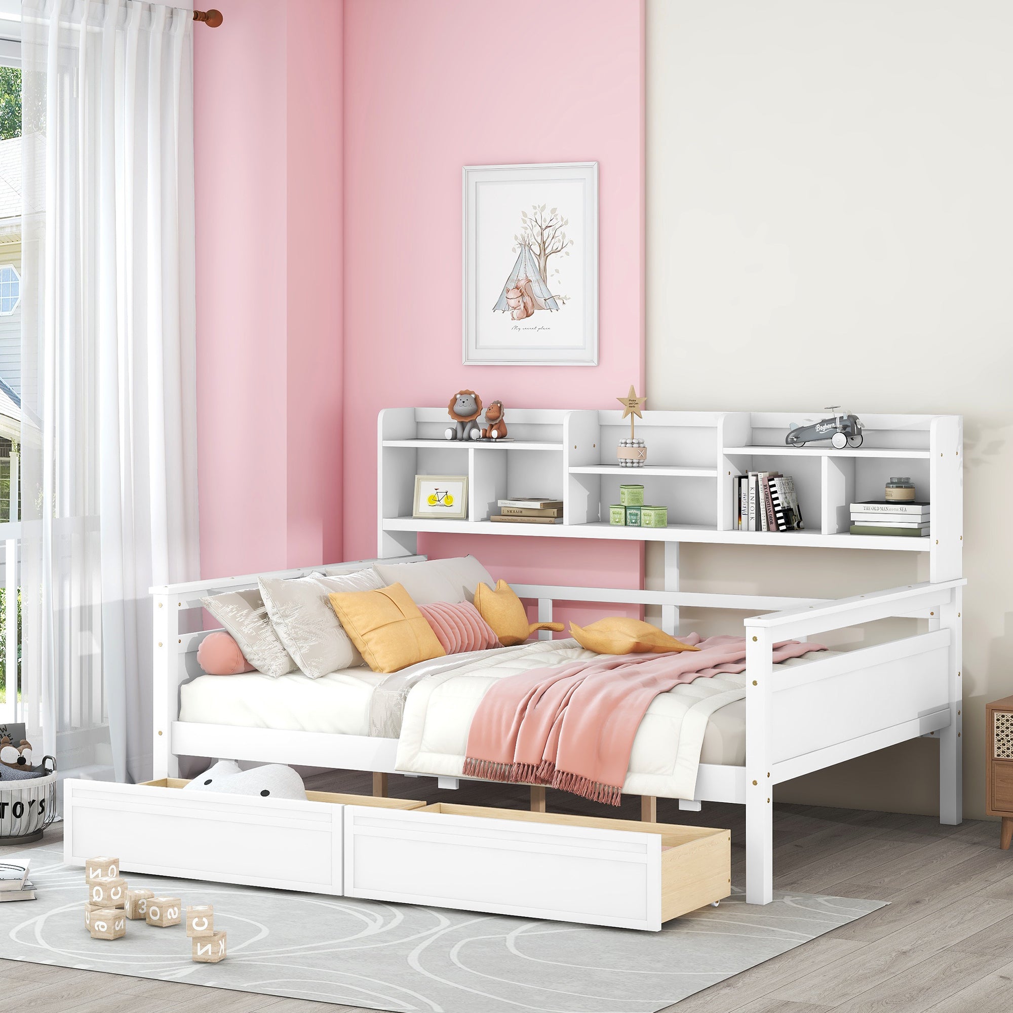Full size Daybed, Wood Slat Support, with Bedside Shelf and Two Drawers, White - Atlantic Fine Furniture Melbourne FL