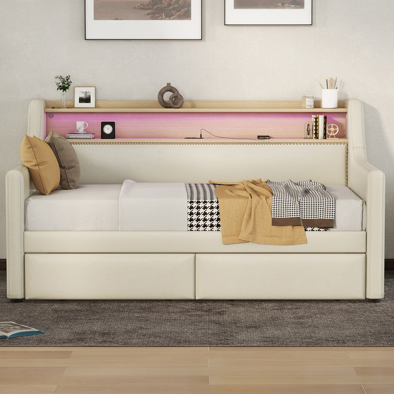 Twin Size Daybed with Storage Drawers, Upholstered Daybed with Charging Station and LED Lights, Beige (Expect arrive date: December 30th.)