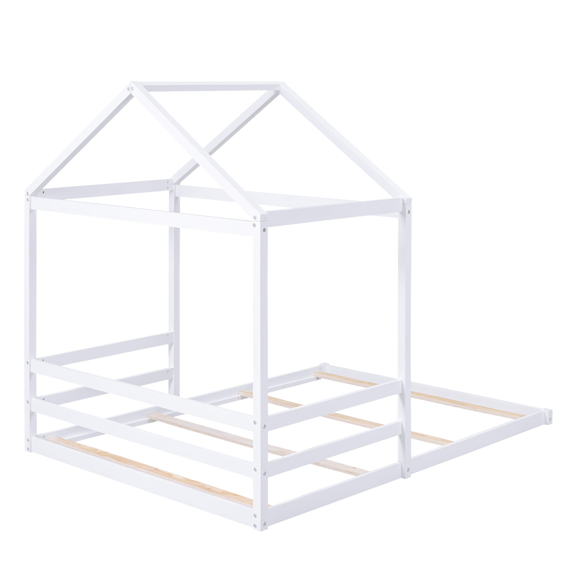 Wood Full Size House Bed with Guardrail, White