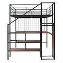 Full Size Metal Loft Bed with Desk and Metal Grid, Stylish Metal Frame Bed with Lateral Storage Ladder and Wardrobe, Black