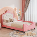 Twin Size Cute Princess Upholstered Daybed Low To The Ground Design With Button Tufted Crown Headboard For Kids - Pink