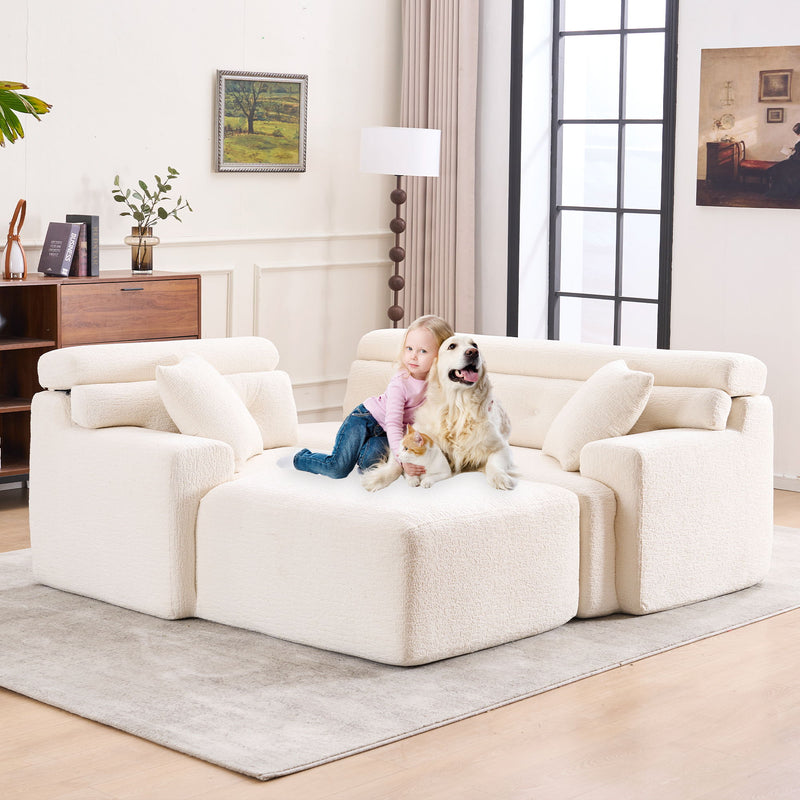 Ly 029B Convertible Chaise Sectional Sofa Full Compression Sponge Modular Couch Cloud 3 Seater Wood Grain Chenille 2 Pillows - Antique White