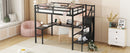 Full XL Size Loft Bed with L-shaped Desk and USB, Metal Loft Bed with Wardrobe and Adjustable Shelf, High Loft Bed with LED for Kids Teens Adults, Black