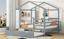 Full Size Wood House Bed with Fence and Writing Board, Gray