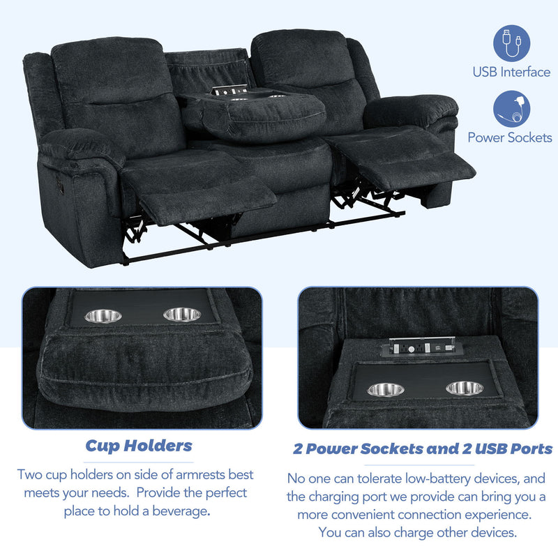 Home Theater Seating Manual Reclining Sofa With Cup Holder, 2 USB Ports, 2 Power Sockets For Living Room, Bedroom - Dark Blue