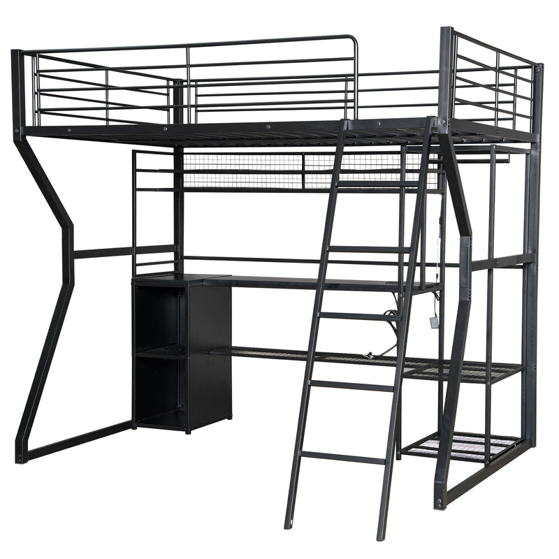 Full Size Gaming Loft Bed With Built In Work Station, Open Wardrobe, LED And Multiple Storage - Black