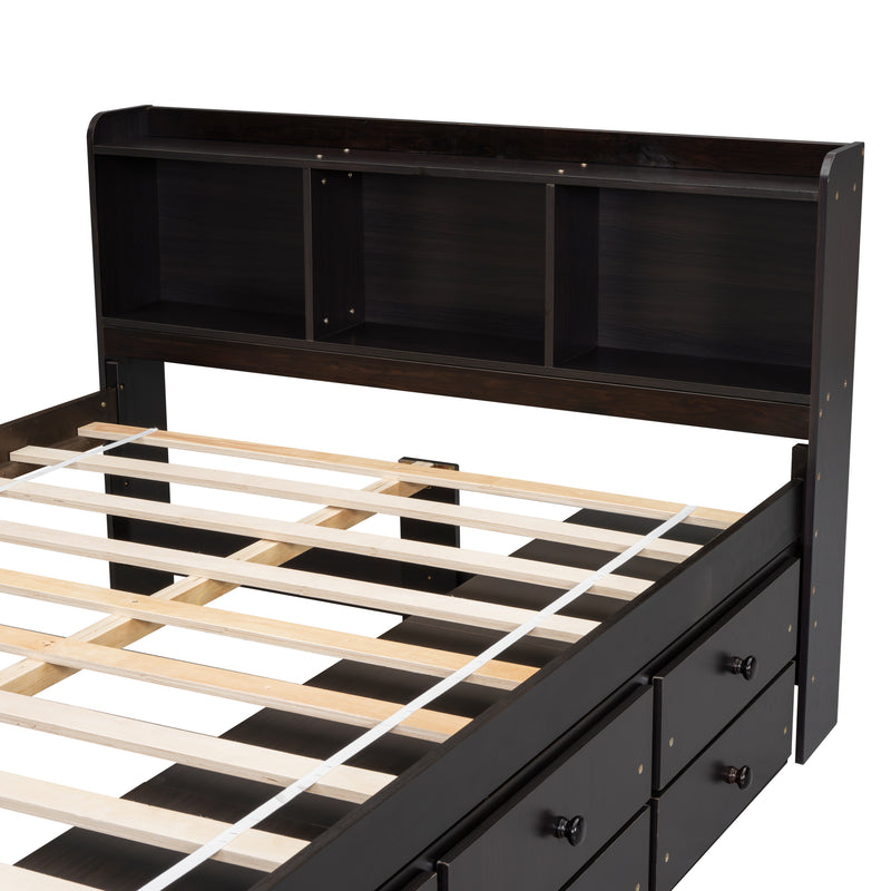 Full Bed with Bookcase Headboard, Under bed Storage Drawers and Bed End Storage Case,Espresso