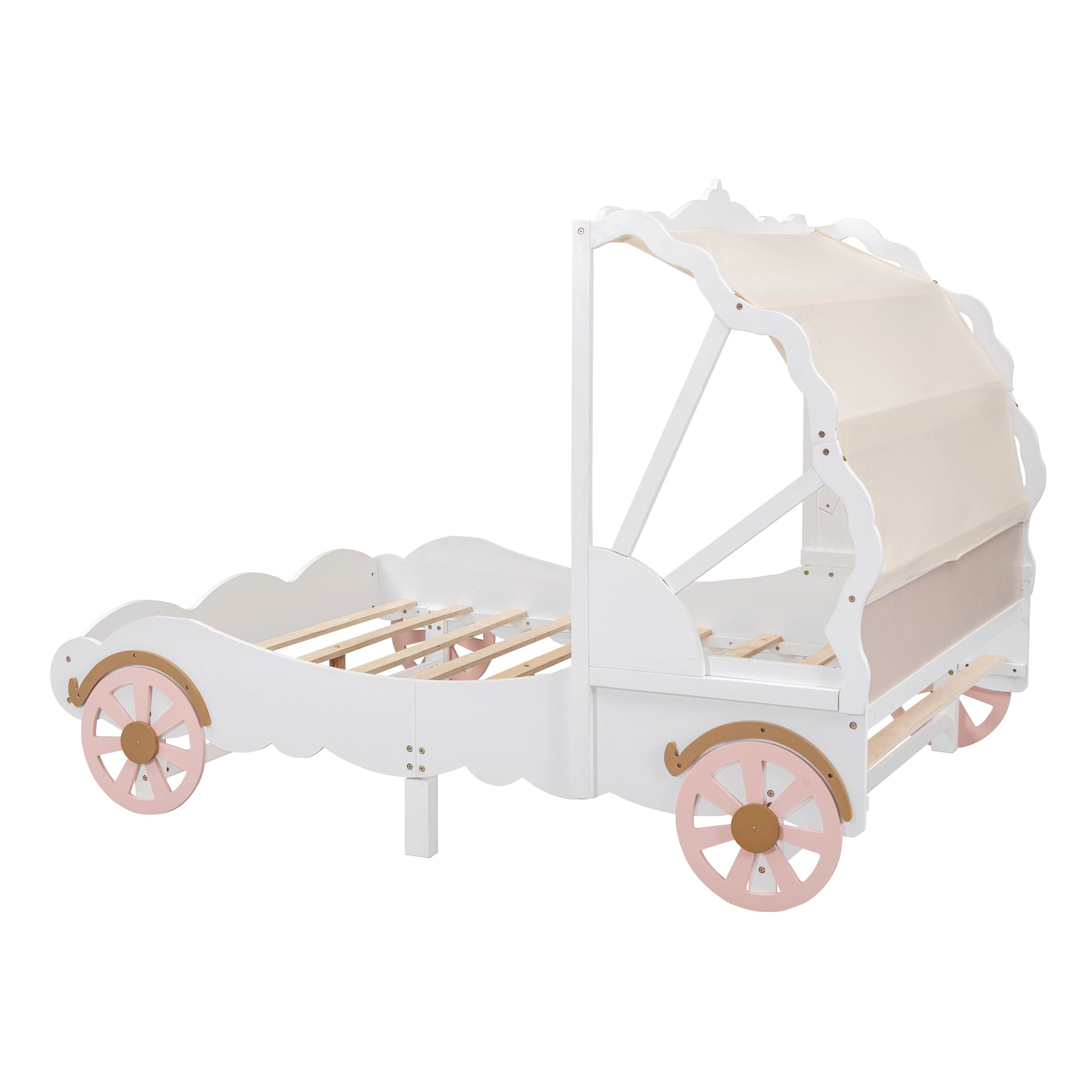 Full Size Princess Carriage Bed with Canopy, Wood Platform Car Bed with 3D Carving Pattern, White+Pink+Gold - Atlantic Fine Furniture Melbourne FL