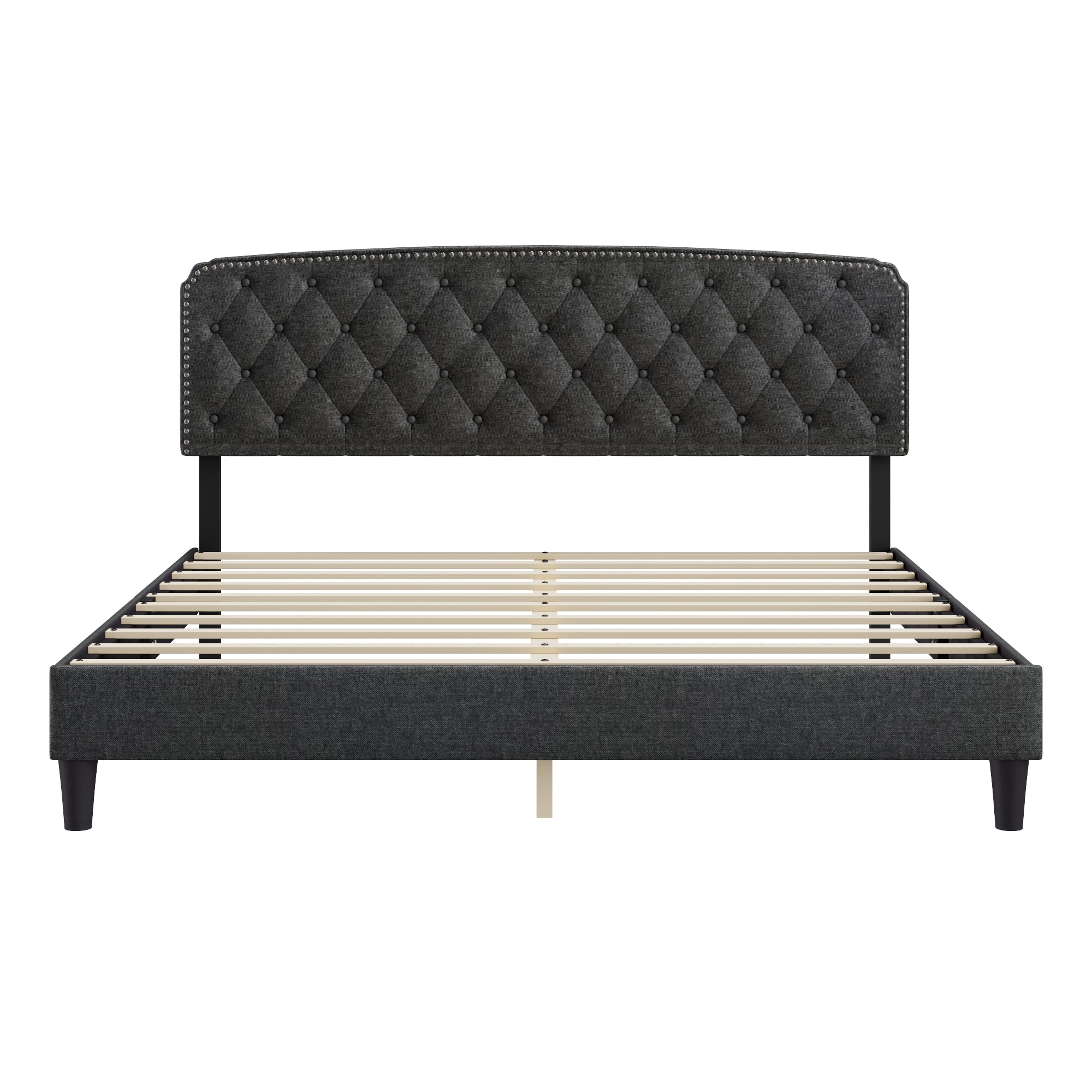 King size Adjustable Headboard with Fine Linen Upholstery and Button Tufting for Bedroom,  Wave Top  Dark Grey