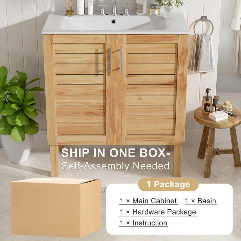 Bathroom Vanity With Ceramic Sink, Freestanding Cabinet - Antique Natural / Brown