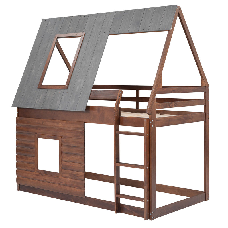 Wood Twin Size House Bunk Bed With Roof, Ladder And 2 Windows - Oak & Smoky Gray