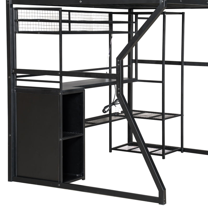 Full Size Gaming Loft Bed With Built In Work Station, Open Wardrobe, LED And Multiple Storage - Black