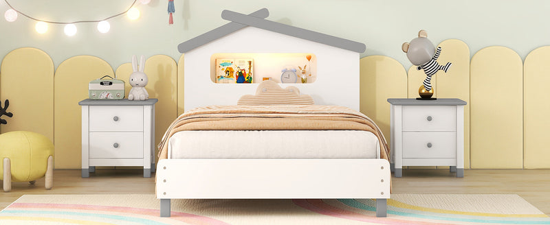 Twin Size Wood Platform Bed with House-shaped Headboard and Motion Activated Night Lights (White+Gray)